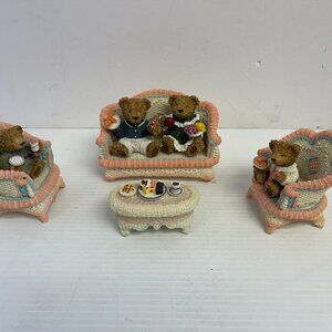 Tender Teddies Tea Time miniature figurine set living room bear family - 1058